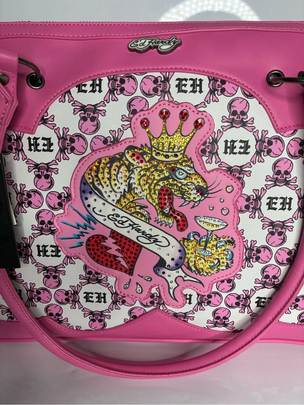 Ed Hardy Large Satchel Crossbody Bag Skulls Monogram Logo Bling Rhinestone Tiger